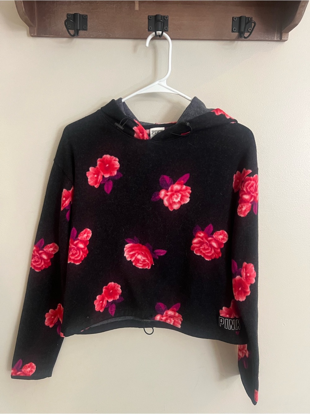 PINK Victoria's Secret Black Cropped Hoodie with Pink Floral Print